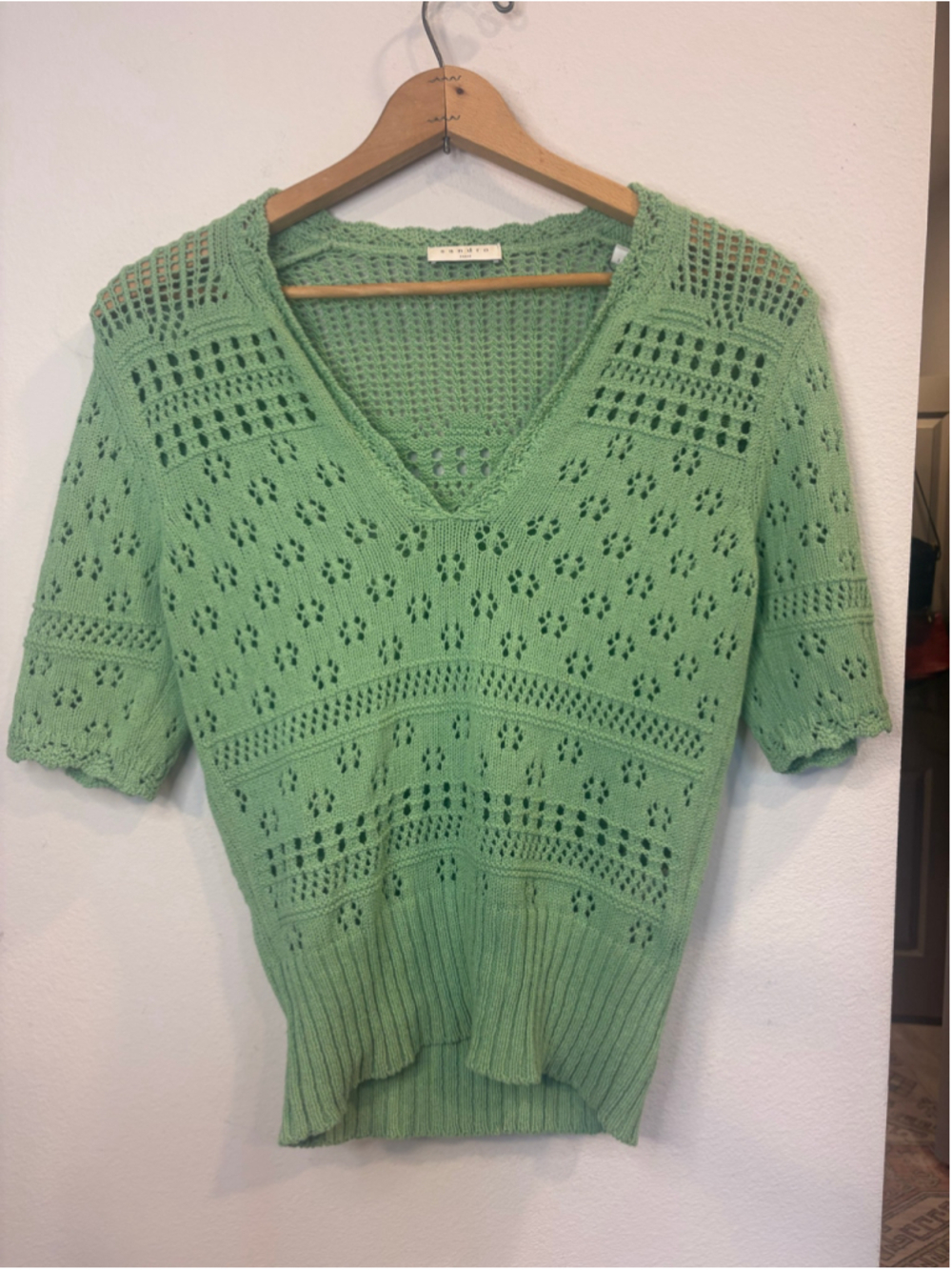 Sandro Paris Open Knit Crochet Sweater Mint Green Short Sleeve Size 1